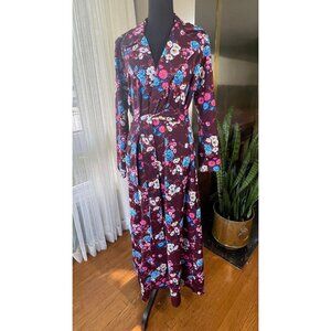 Vintage 70s house dress, burgundy red with blue and pink large flowers, 8/10 (M)